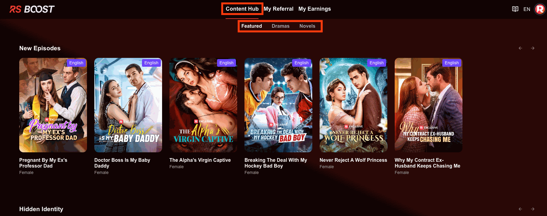 ReelShort Content Hub Featured page with trending short drama titles