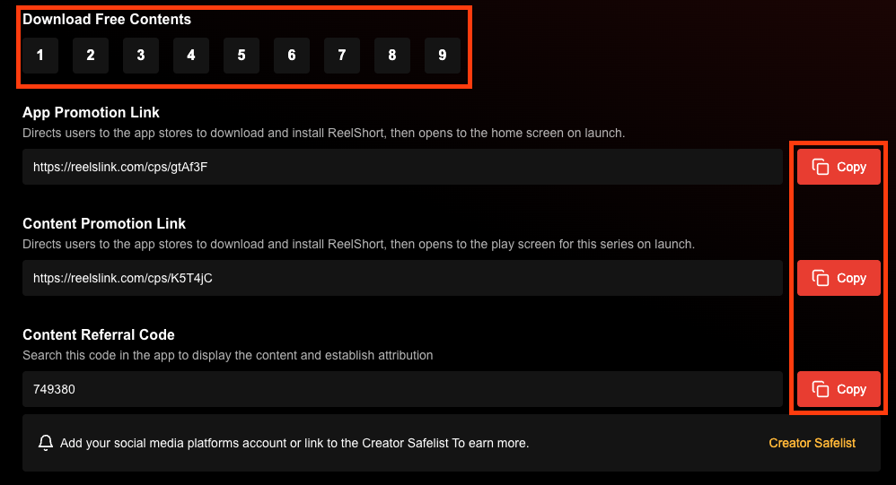 Clicking a show cover reveals the promotional link and referral code