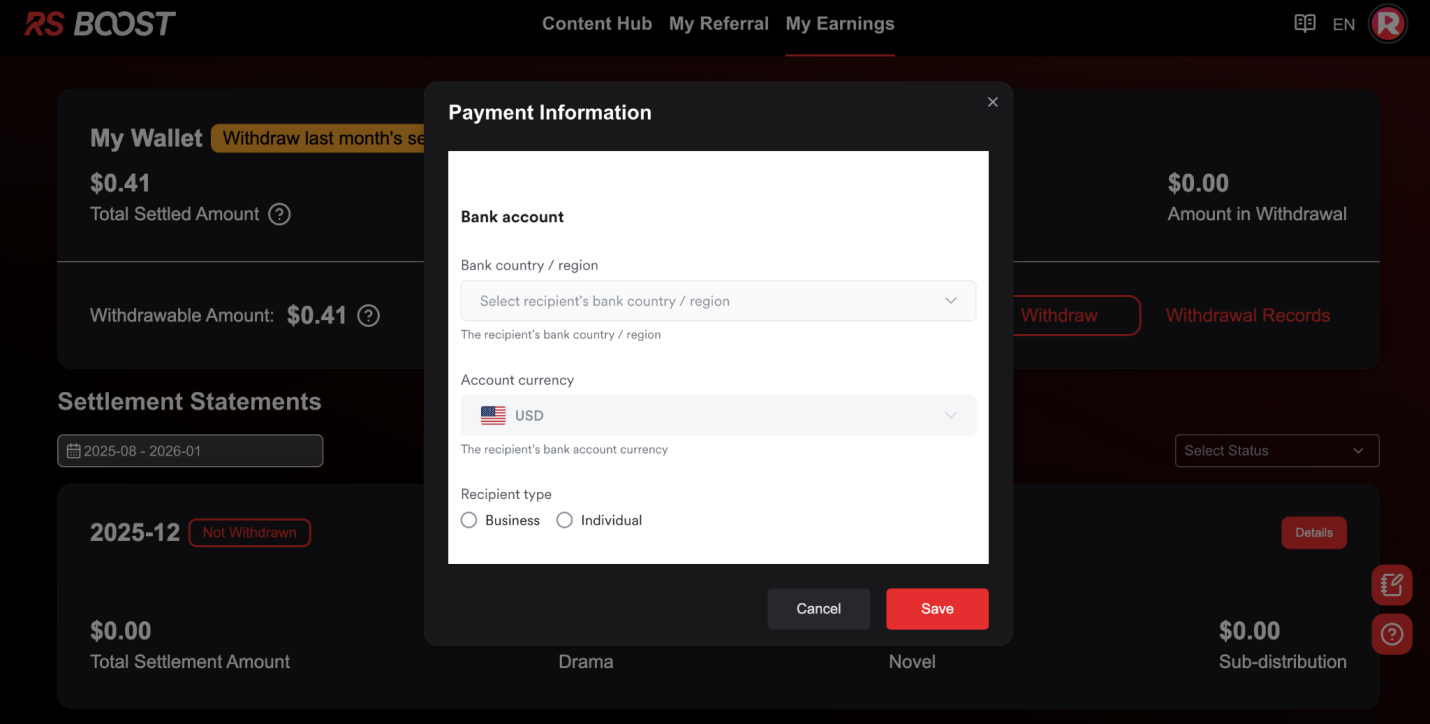 ReelShort earnings withdrawal screen